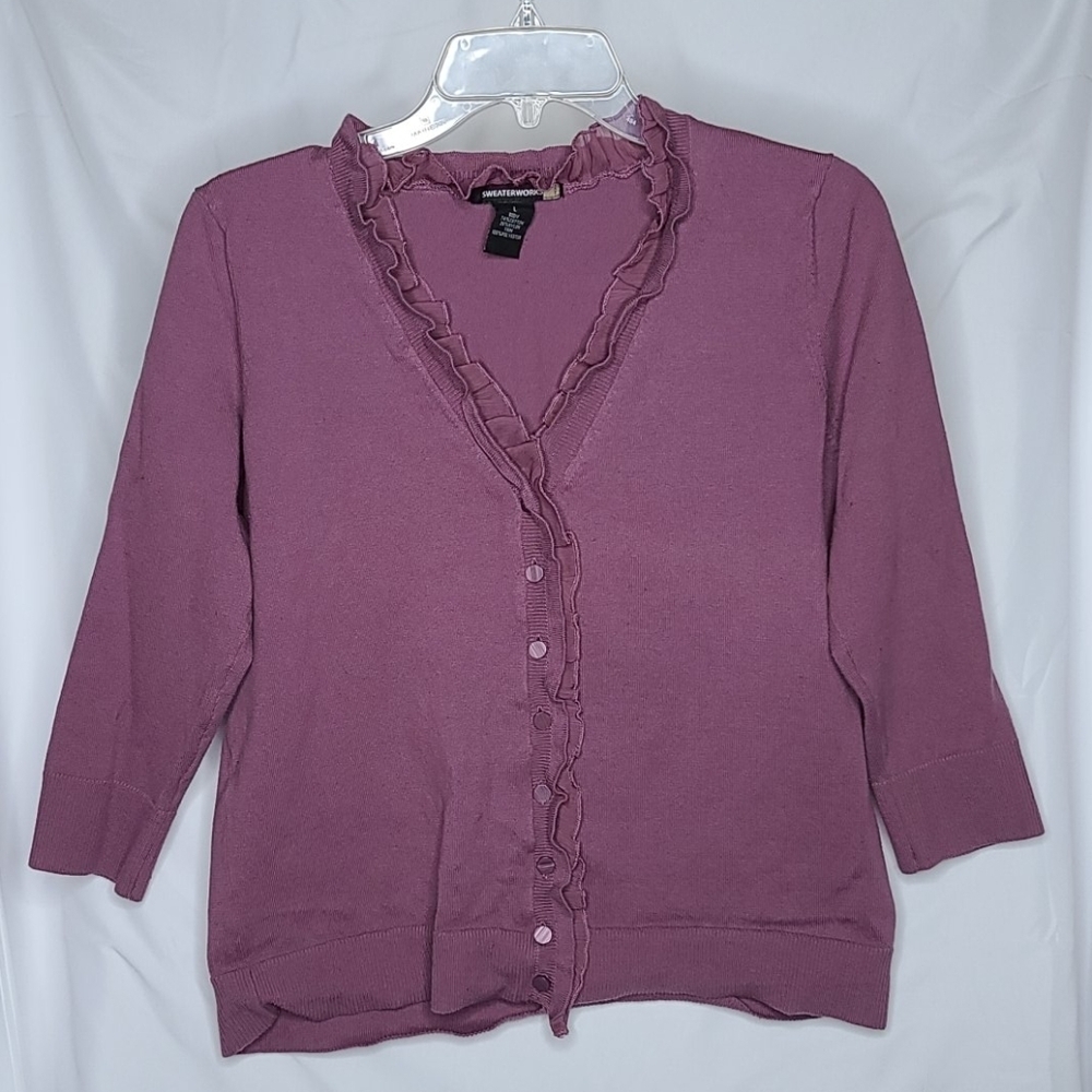 Sweaterworks purple ruffle trim cardigan sweater L
